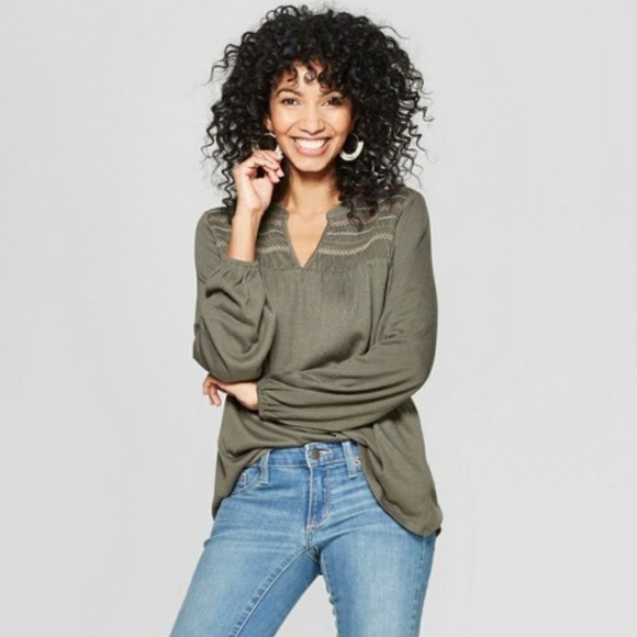 Knox Rose Tops - NWOT Olive Green Long Sleeve Embroidered Top